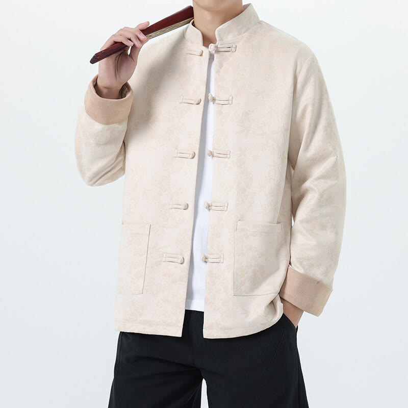 Chaqueta de algodón para hombre de manga larga con botones de bambú y estampado jacquard de otoño con Buddha Stones y bolsillos - Old Lace - US/UK/AU46, EU56 (5XL) - image 18