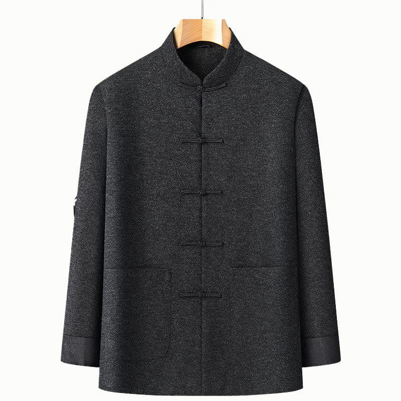 Chaqueta de traje de algodón Tang de manga larga con botones de rana, color liso, para hombre, de Buddha Stones, ideal para otoño, con bolsillos. - Negro - US/UK/AU42, EU52 (3XL) - image 1