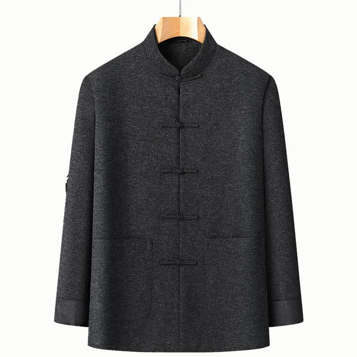 Chaqueta de traje de algodón Tang de manga larga con botones de rana, color liso, para hombre, de Buddha Stones, ideal para otoño, con bolsillos. - Negro - US/UK/AU42, EU52 (3XL) - image 1