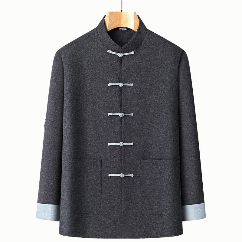 Chaqueta de traje de algodón Tang de manga larga con botones de rana, color liso, para hombre, de Buddha Stones, ideal para otoño, con bolsillos. - Gris tenue - US/UK/AU42, EU52 (3XL) - image 0
