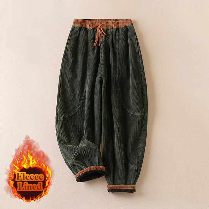 Pantalones Buddha Stones de pana de algodón con contraste de colores y forro polar térmico para mujer con bolsillos - image 2