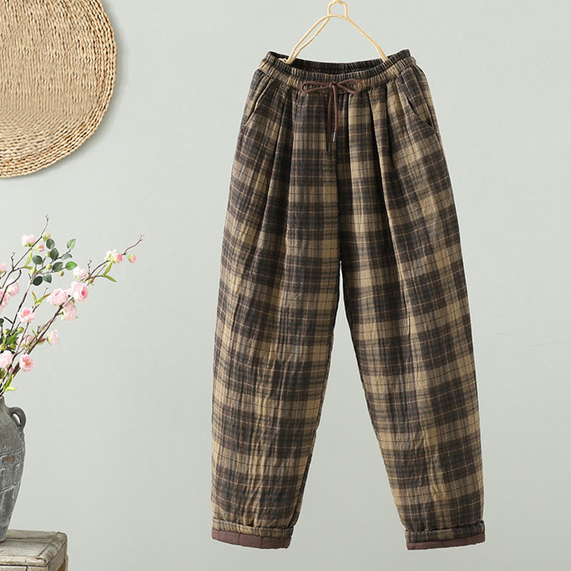 Pantalones térmicos tipo harem para mujer, acolchados, con estampado de cuadros multicolor y estampado de Buddha Stones, con bolsillos. - Vara de oro pálida - US8-10，UK/AU12-14，EU40-42 (2XL) - image 0