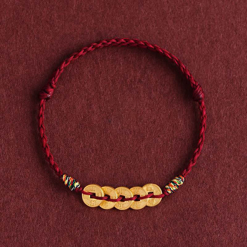 Pulsera tobillera protectora con diseño de cinco monedas de cobre y Buddha Stones, con cordón trenzado. - Tobillera rojo oscuro - image 11