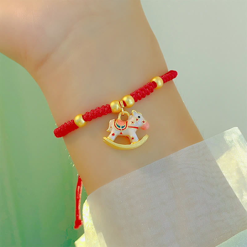 Pulsera de la suerte de cobre con hilo rojo y Buddha Stones del zodiaco chino del Año del Caballo - Caballo blanco (Circunferencia de la muñeca: 10-18 cm) - image 1
