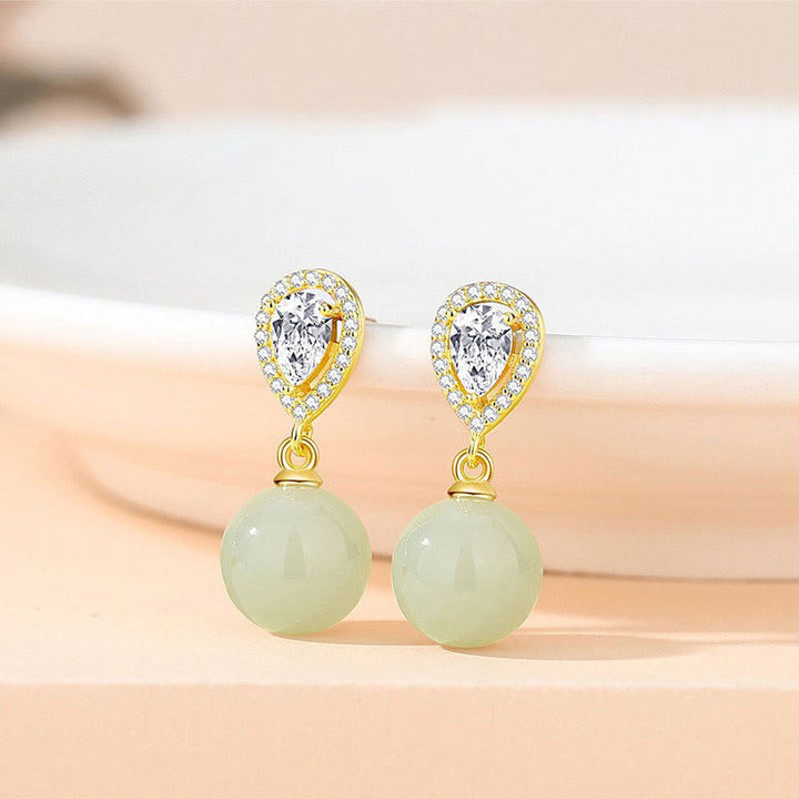 Pendientes de la prosperidad con cuentas de jade Hetian y diseño de gota de agua en plata de ley 925 con Buddha Stones - image 3