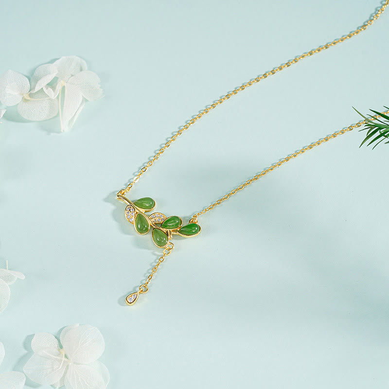 Collar con colgante de protección de jaspe verde, plata de ley 925 con diseño de hojas y borla de Buddha Stones. - Collar de plata de ley 925 - image 1