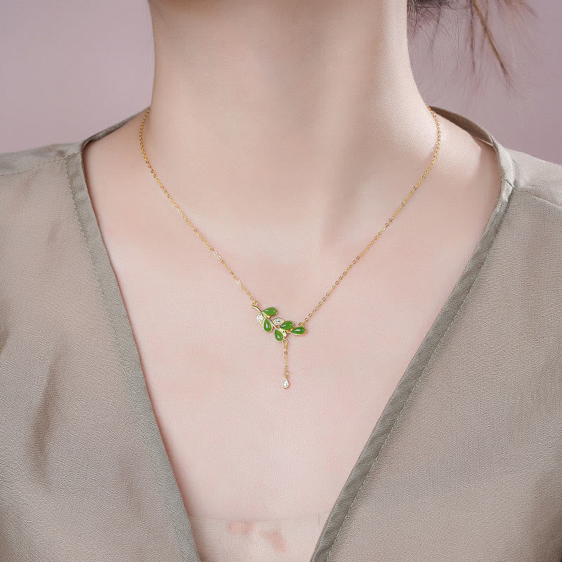 Collar con colgante de protección de jaspe verde, plata de ley 925 con diseño de hojas y borla de Buddha Stones. - image 6