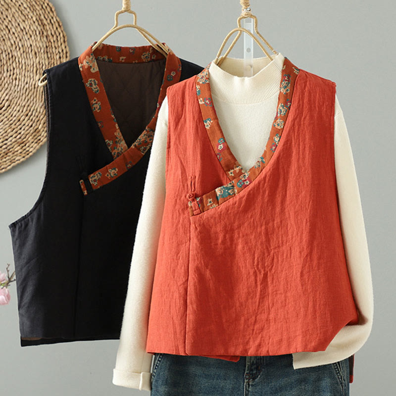 Chaleco sin mangas para mujer con cuello en V, estampado floral y Buddha Stones , cierre de botón tipo rana - image 1