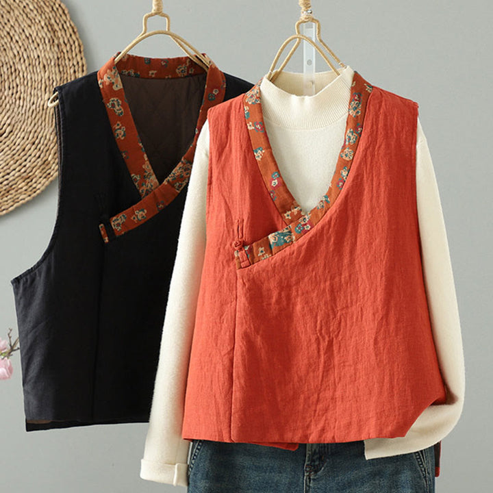 Chaleco sin mangas para mujer con cuello en V, estampado floral y Buddha Stones , cierre de botón tipo rana - image 1