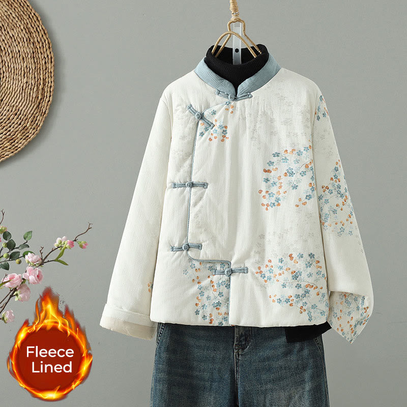 Chaqueta térmica de manga larga para mujer Buddha Stones con diseño de botón de rana y flor azul - Blanco - US8-10，UK/AU12-14，EU40-42 (2XL) - image 0