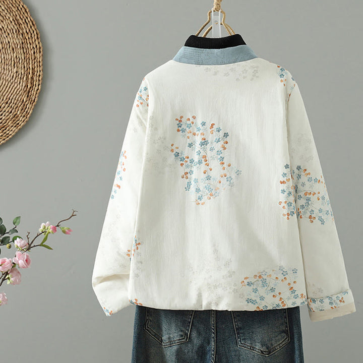 Chaqueta térmica de manga larga para mujer Buddha Stones con diseño de botón de rana y flor azul - image 1