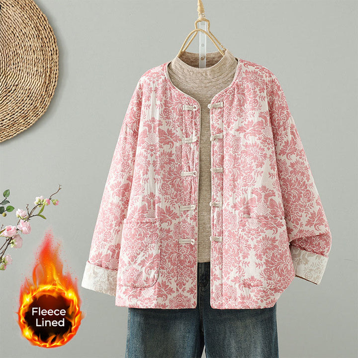 Chaqueta térmica de manga larga con diseño de peonías y botones de rana para mujer de Buddha Stones, con bolsillos - Salmón - US8-10，UK/AU12-14，EU40-42 (2XL) - image 0