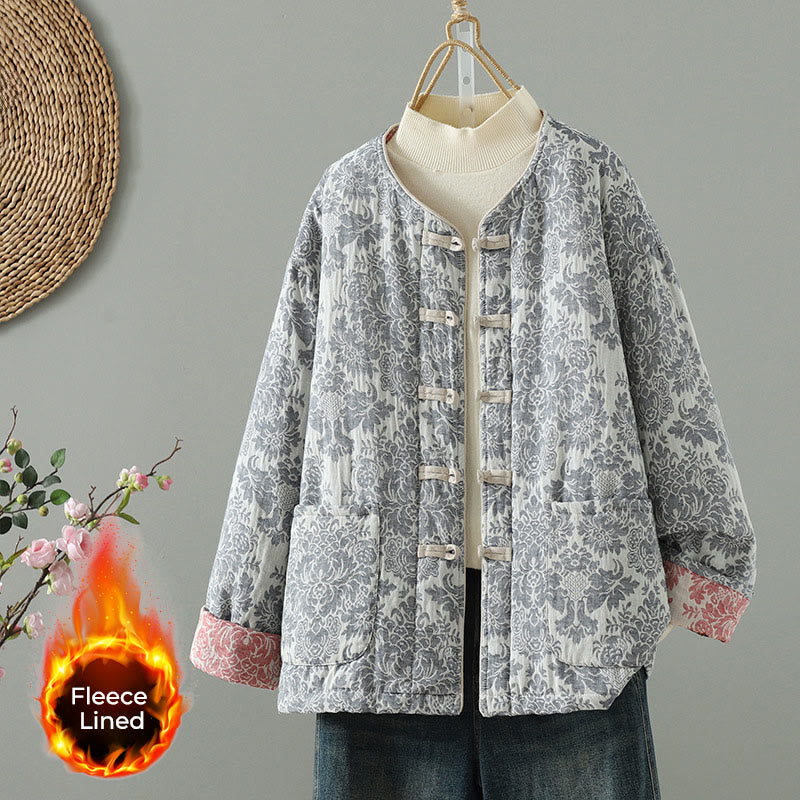 Chaqueta térmica de manga larga con diseño de peonías y botones de rana para mujer de Buddha Stones, con bolsillos - Azul acero claro - US8-10，UK/AU12-14，EU40-42 (2XL) - image 22