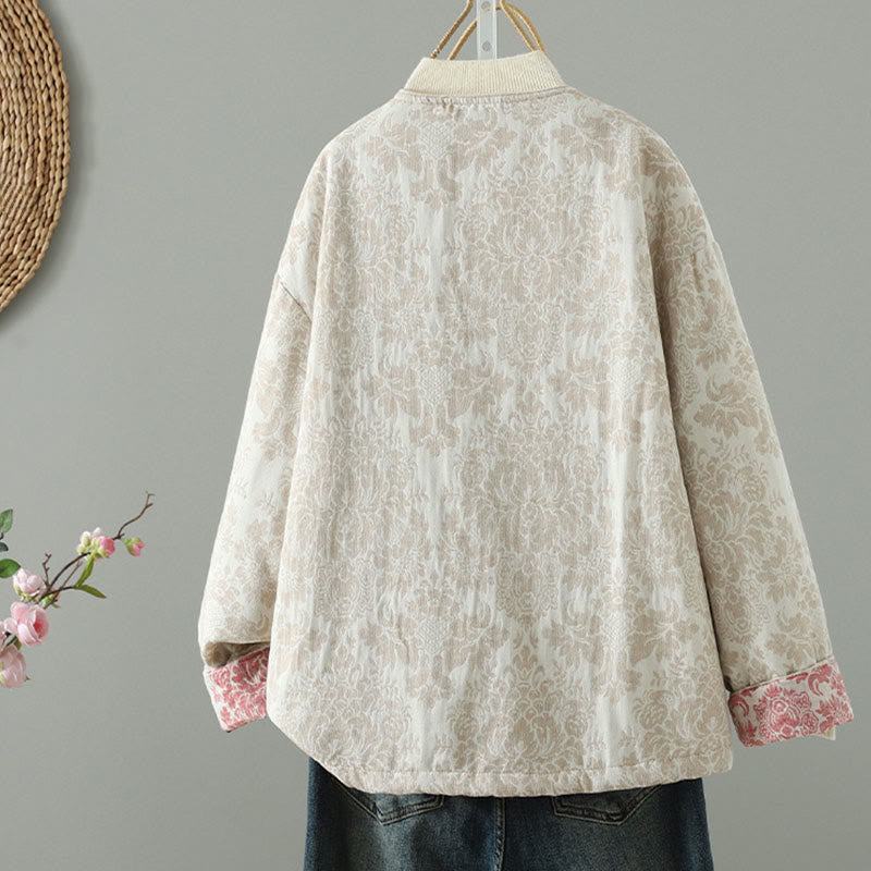 Chaqueta térmica de manga larga con diseño de peonías y botones de rana para mujer de Buddha Stones, con bolsillos - image 12