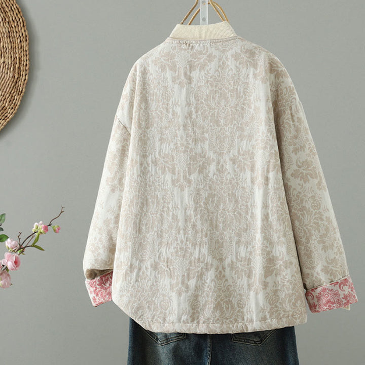 Chaqueta térmica de manga larga con diseño de peonías y botones de rana para mujer de Buddha Stones, con bolsillos - image 12