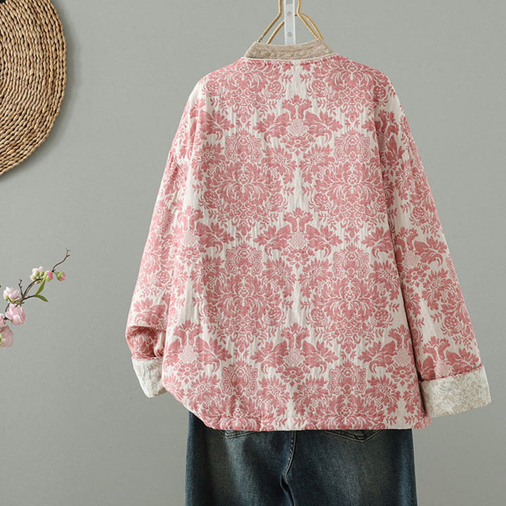 Chaqueta térmica de manga larga con diseño de peonías y botones de rana para mujer de Buddha Stones, con bolsillos - image 2