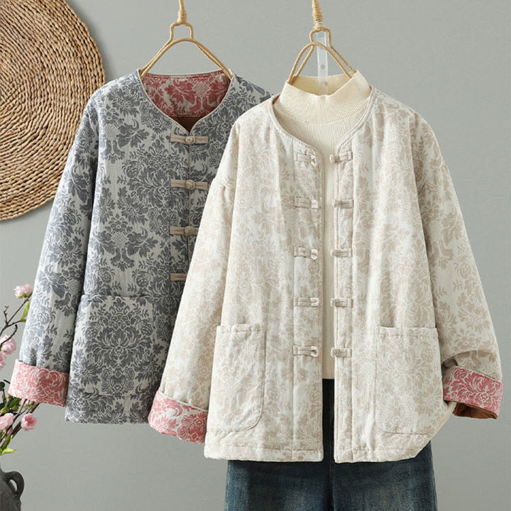 Chaqueta térmica de manga larga con diseño de peonías y botones de rana para mujer de Buddha Stones, con bolsillos - image 27