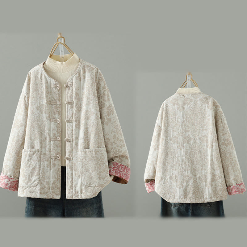 Chaqueta térmica de manga larga con diseño de peonías y botones de rana para mujer de Buddha Stones, con bolsillos - image 21