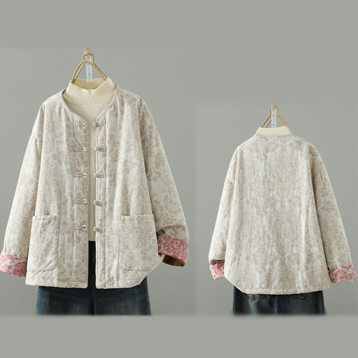 Chaqueta térmica de manga larga con diseño de peonías y botones de rana para mujer de Buddha Stones, con bolsillos - image 21