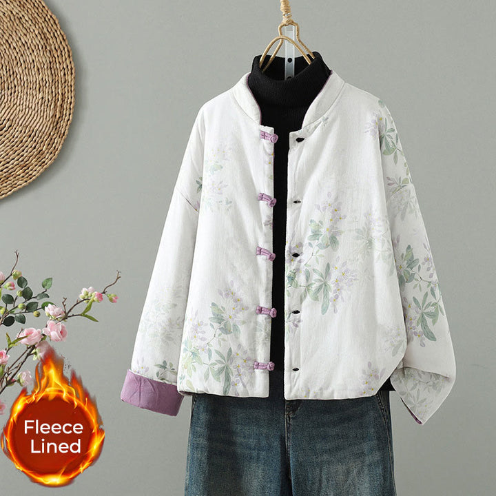 Chaqueta térmica de manga larga para mujer Buddha Stones, diseño de hojas y flores moradas con botones de rana - Blanco - US8-10，UK/AU12-14，EU40-42 (2XL) - image 0
