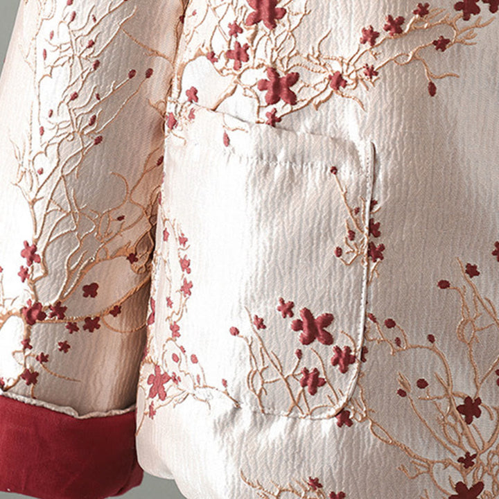 Chaqueta térmica de manga larga para mujer con diseño de botones, flores rojas y Buddha Stones, con bolsillos. - image 9