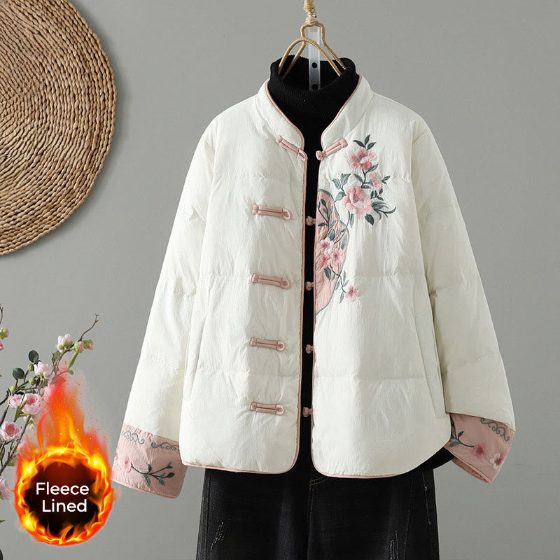 Chaqueta térmica de manga larga para mujer con bolsillos, bordado de flores de durazno y piedras de Buddha Stones. - Blanco - US8-10，UK/AU12-14，EU40-42 (2XL) - image 15