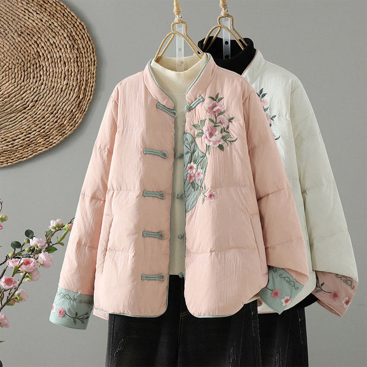 Chaqueta térmica de manga larga para mujer con bolsillos, bordado de flores de durazno y piedras de Buddha Stones. - image 0
