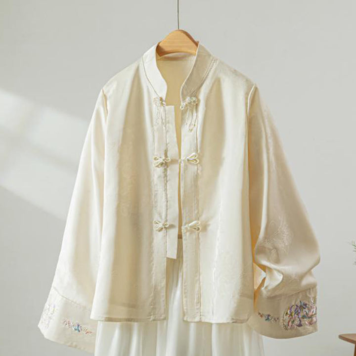 Chaqueta de manga larga para mujer con bordado de flores otoñales y Buddha Stones , diseño de botones de rana - Lino - US8-10，UK/AU12-14，EU40-42 (2XL) - image 0