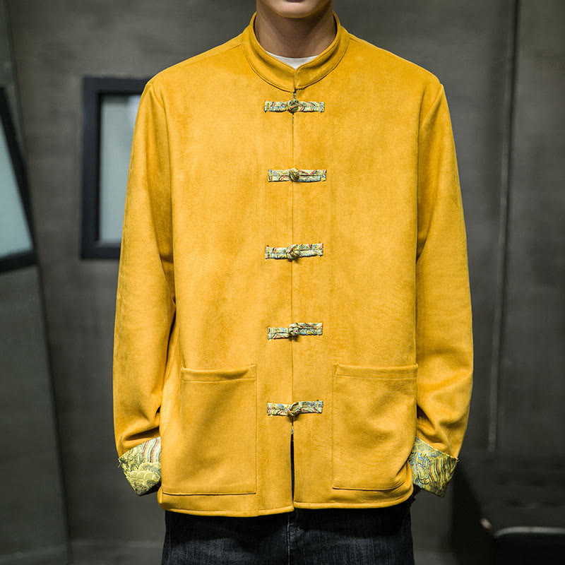 Chaqueta de ante y algodón para hombre con mangas largas, bolsillos y estampado de olas otoñales con Buddha Stones. - Oro - US/UK/AU42, EU52 (3XL) - image 0