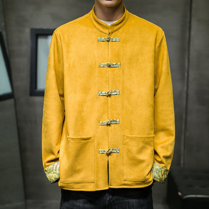 Chaqueta de ante y algodón para hombre con mangas largas, bolsillos y estampado de olas otoñales con Buddha Stones. - Oro - US/UK/AU42, EU52 (3XL) - image 0