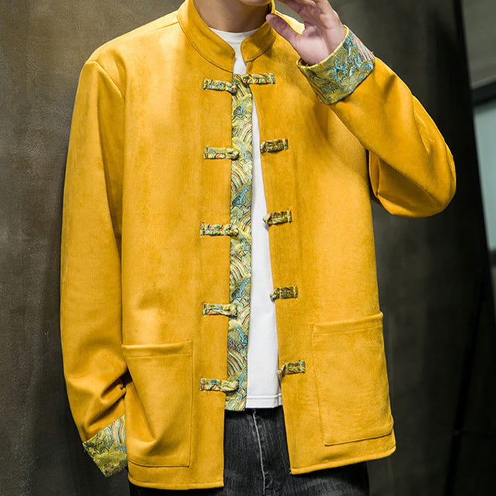 Chaqueta de ante y algodón para hombre con mangas largas, bolsillos y estampado de olas otoñales con Buddha Stones. - image 1