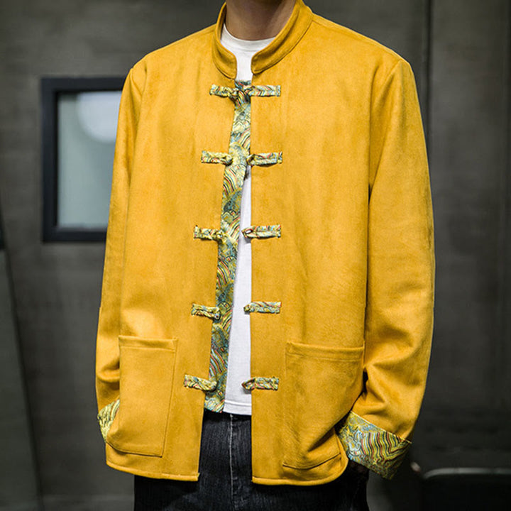 Chaqueta de ante y algodón para hombre con mangas largas, bolsillos y estampado de olas otoñales con Buddha Stones. - image 5