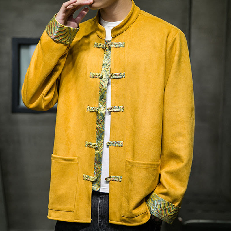 Chaqueta de ante y algodón para hombre con mangas largas, bolsillos y estampado de olas otoñales con Buddha Stones. - image 8