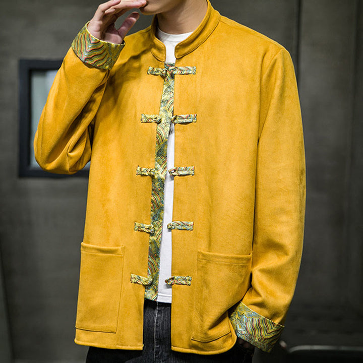 Chaqueta de ante y algodón para hombre con mangas largas, bolsillos y estampado de olas otoñales con Buddha Stones. - image 8