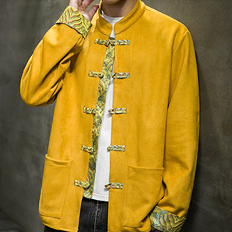 Chaqueta de ante y algodón para hombre con mangas largas, bolsillos y estampado de olas otoñales con Buddha Stones. - image 2