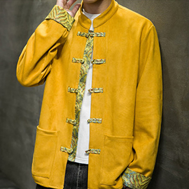 Chaqueta de ante y algodón para hombre con mangas largas, bolsillos y estampado de olas otoñales con Buddha Stones. - image 2