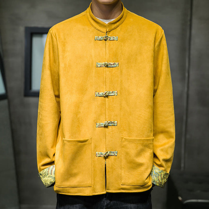 Chaqueta de ante y algodón para hombre con mangas largas, bolsillos y estampado de olas otoñales con Buddha Stones. - image 7