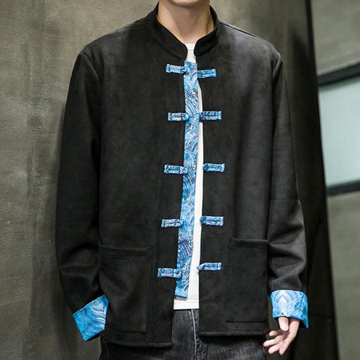 Chaqueta de ante y algodón para hombre con mangas largas, bolsillos y estampado de olas otoñales con Buddha Stones. - image 22