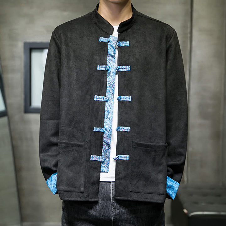 Chaqueta de ante y algodón para hombre con mangas largas, bolsillos y estampado de olas otoñales con Buddha Stones. - image 21