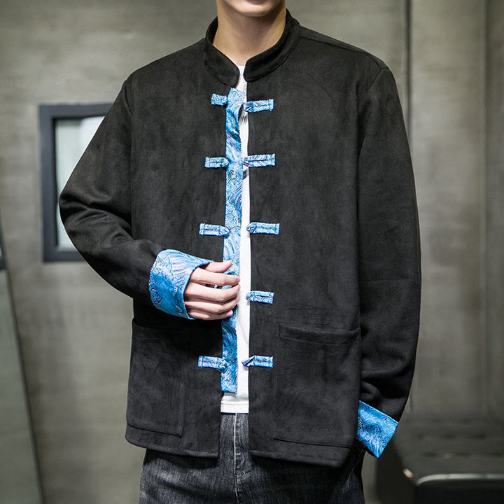 Chaqueta de ante y algodón para hombre con mangas largas, bolsillos y estampado de olas otoñales con Buddha Stones. - image 16