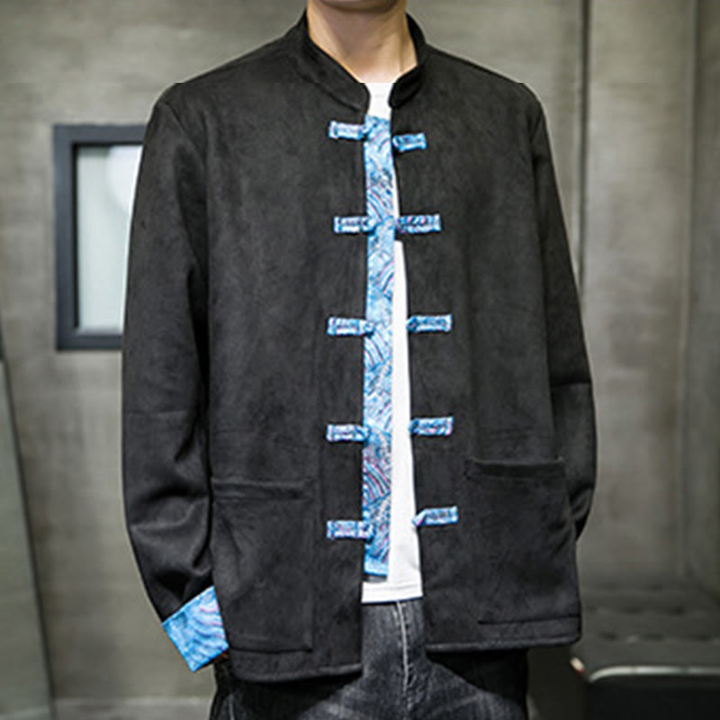 Chaqueta de ante y algodón para hombre con mangas largas, bolsillos y estampado de olas otoñales con Buddha Stones. - image 19