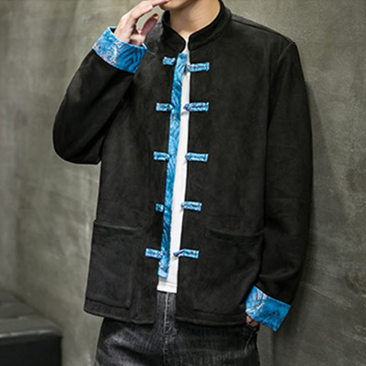 Chaqueta de ante y algodón para hombre con mangas largas, bolsillos y estampado de olas otoñales con Buddha Stones. - image 20