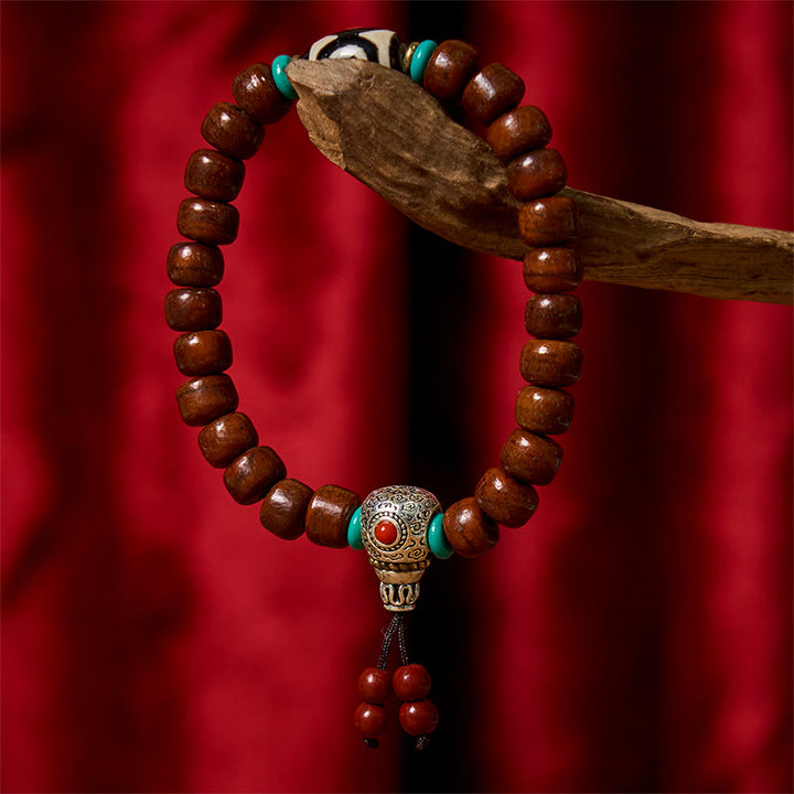 Pulsera de la suerte con cuentas de hueso de Buddha Stones, vajra y cuentas dzi de tres ojos - Cuentas de hueso, cuenta Dzi de tres ojos y aleación (circunferencia de la muñeca: 15-16 cm) - image 0