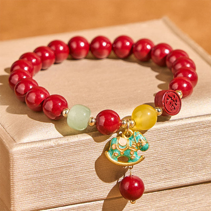 Buddha Stones Pulsera de ágata roja cinabrio natural del Año del Caballo que proporciona tranquilidad y confianza - Caballo cinabrio y verde (circunferencia de la muñeca: 14-17 cm) - image 0