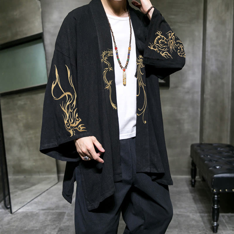 Kimono de algodón para hombre, manga larga , Buddha Stones , dragón y fénix. - Negro - US/UK/AU48，EU58(5XL) - image 0