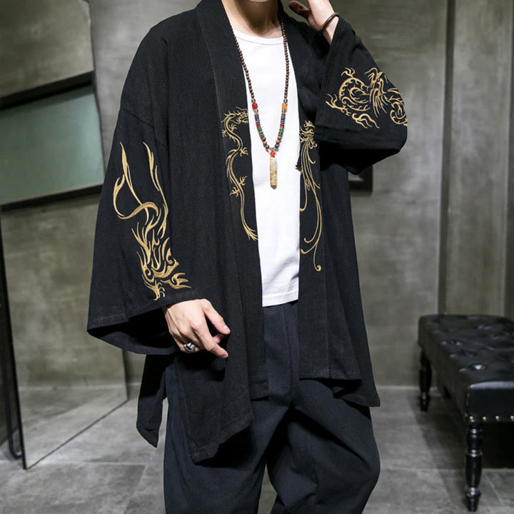 Kimono de algodón para hombre, manga larga , Buddha Stones , dragón y fénix. - Negro - US/UK/AU48，EU58(5XL) - image 0
