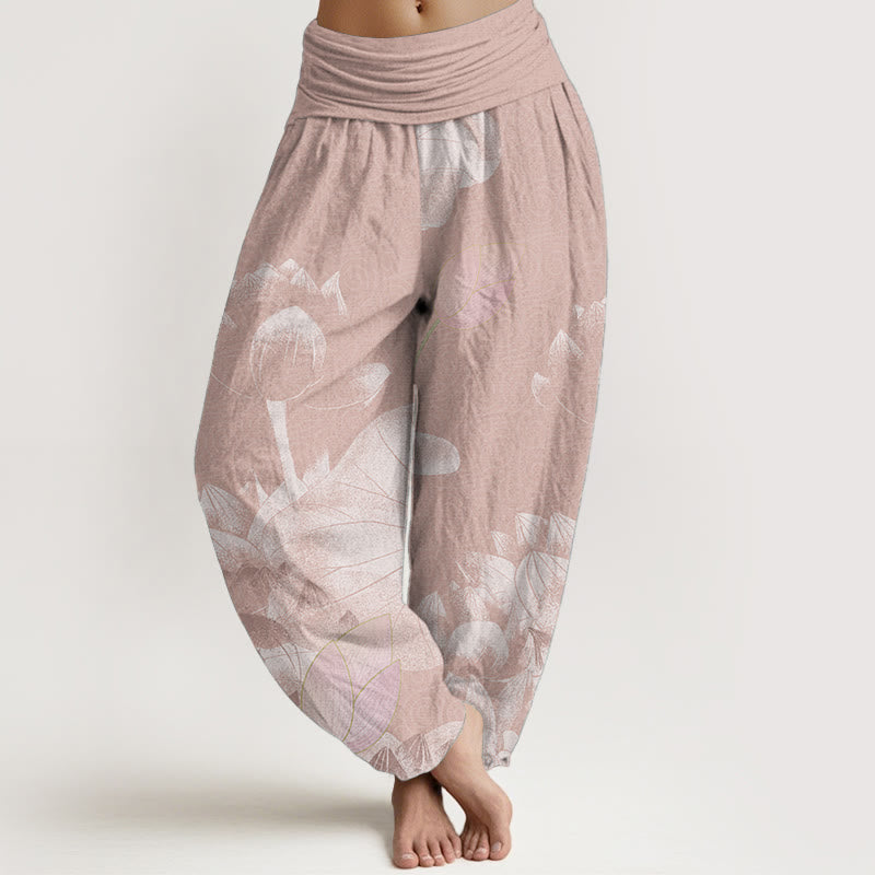 Pantalones harén con cintura elástica para mujer con diseño de loto blanco y rosa y Buddha Stones - Salmón oscuro - US22，UK/AU26，EU54 (6XL) - image 0