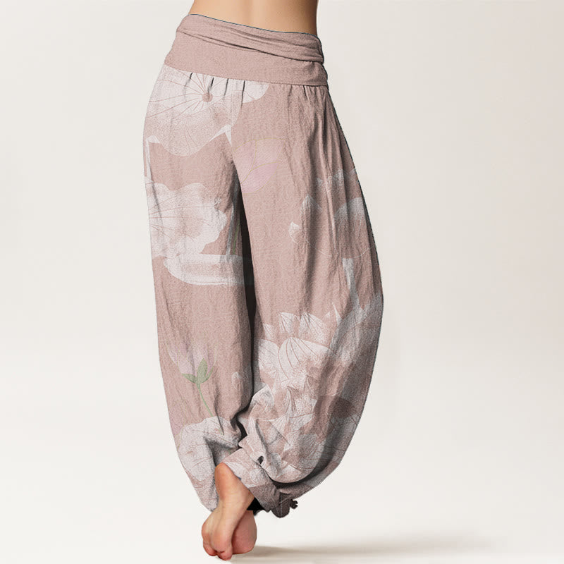 Pantalones harén con cintura elástica para mujer con diseño de loto blanco y rosa y Buddha Stones - image 1