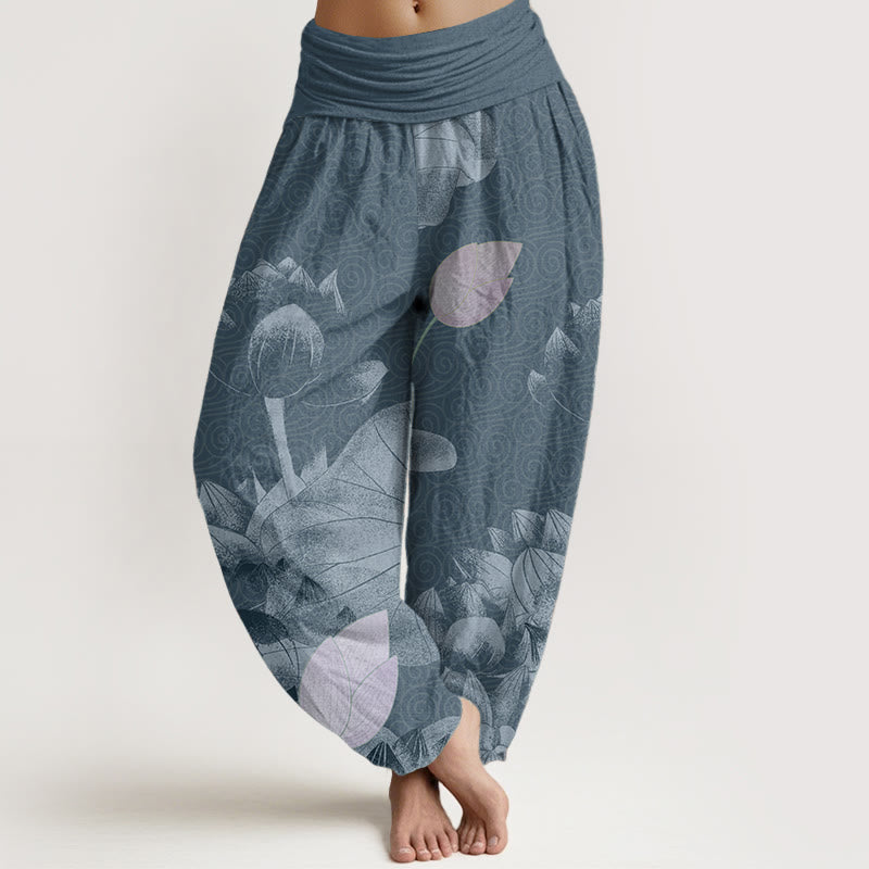 Pantalones harén con cintura elástica para mujer con diseño de loto blanco y rosa y Buddha Stones - Azul acero - US22，UK/AU26，EU54 (6XL) - image 4