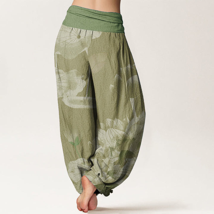Pantalón tipo harem de cintura elástica para mujer, con estampado de lotos rosas y blancos y Buddha Stones en algodón. - image 8